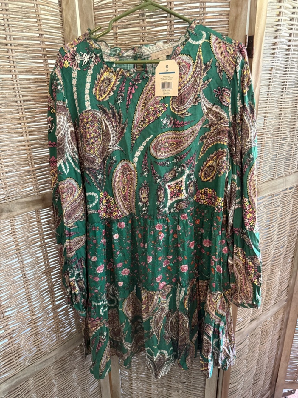 Wonderly Plus Smoke Pine Paisley Floral Tiered Long Sleeve Dress